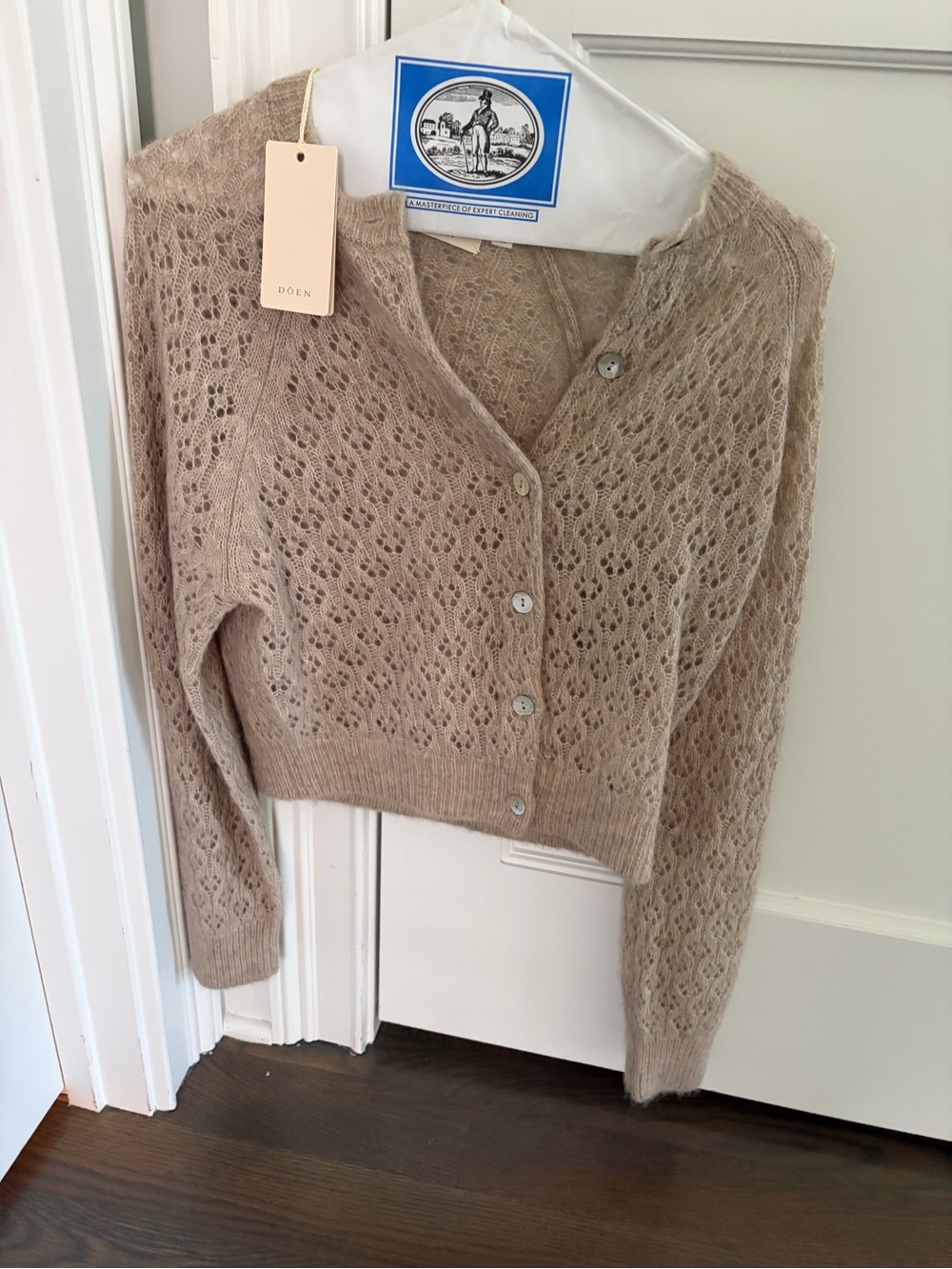 Doen Taupe Open-Knit V-Neck Button Cardigan